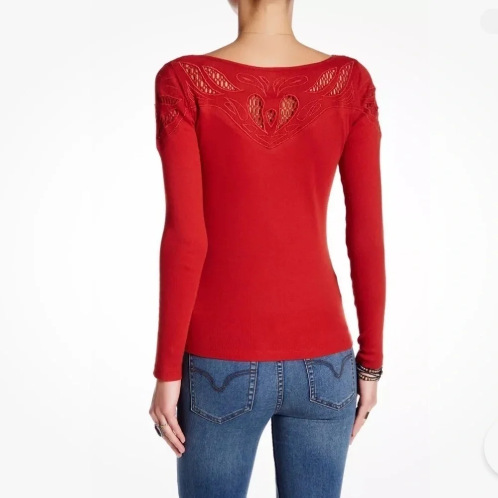 Free People womens Red/Orange crochet Embroidered Yoke Stretch Cotton tee top